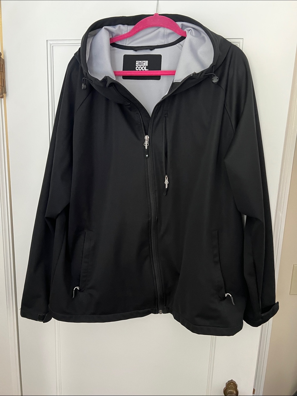 Men's Black Hooded Windbreaker Jacket with Light Gray Lining